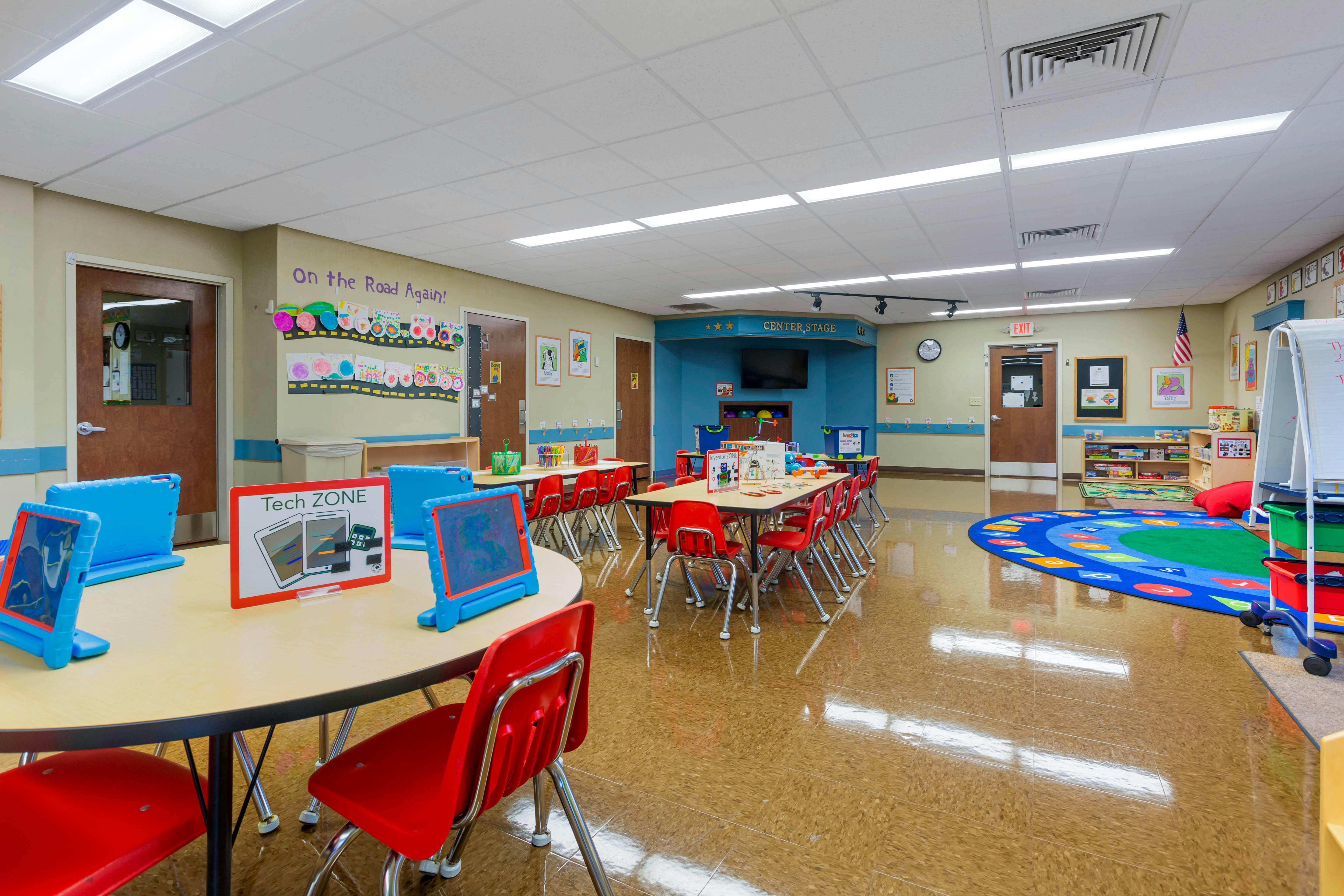Classroom with small tables and chairs