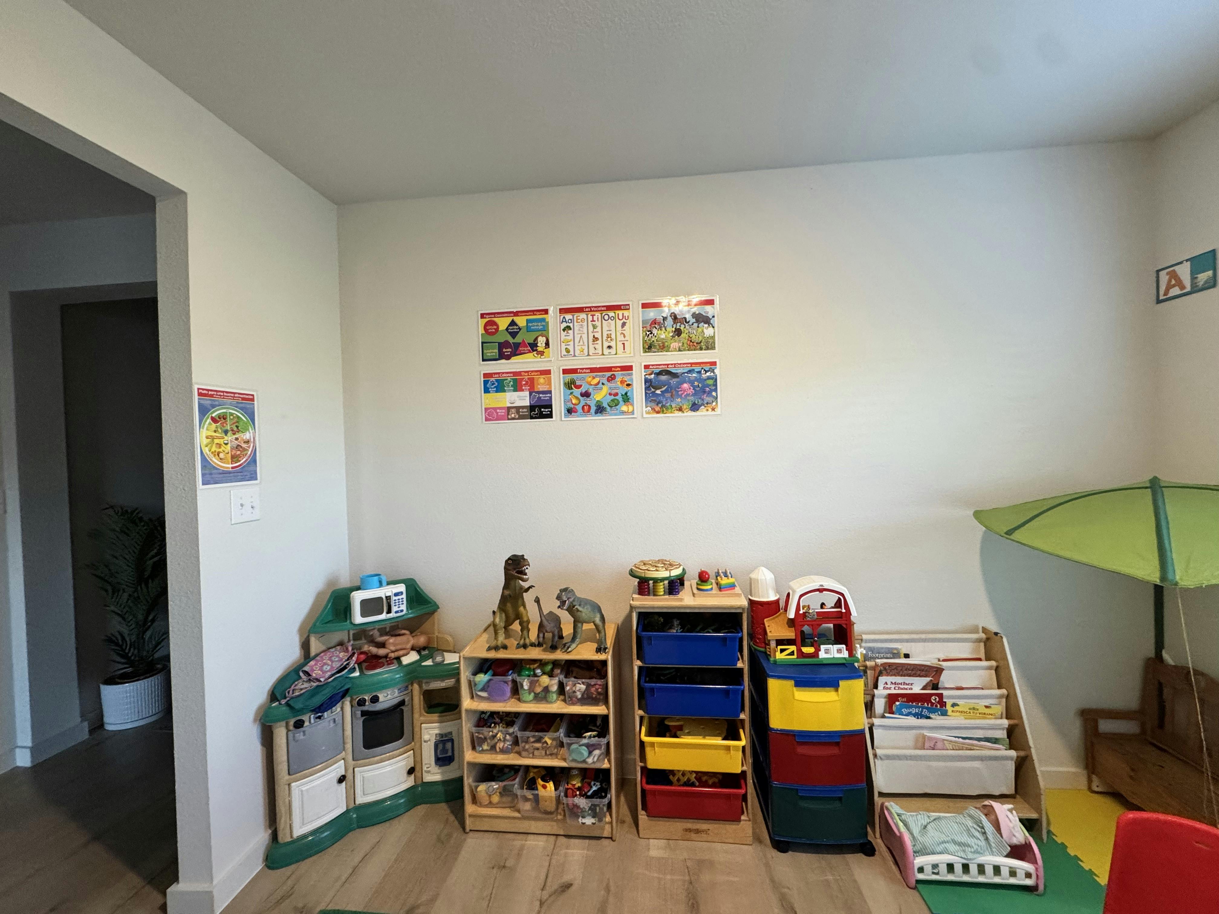 Playroom with toys, shelves, and wall decorations
