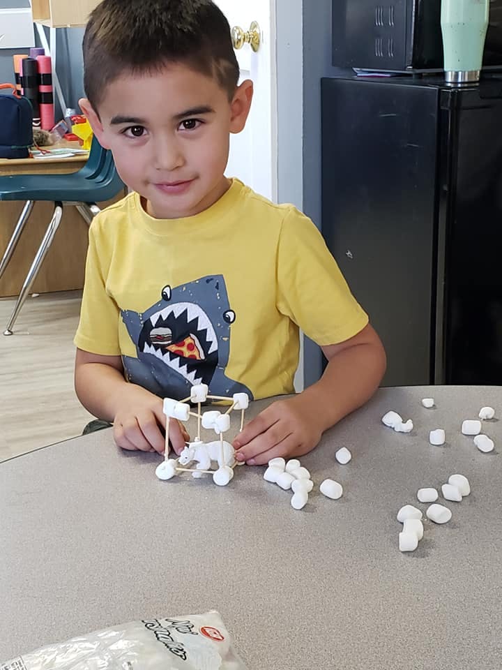 Child building with marshmallows and toothpicks