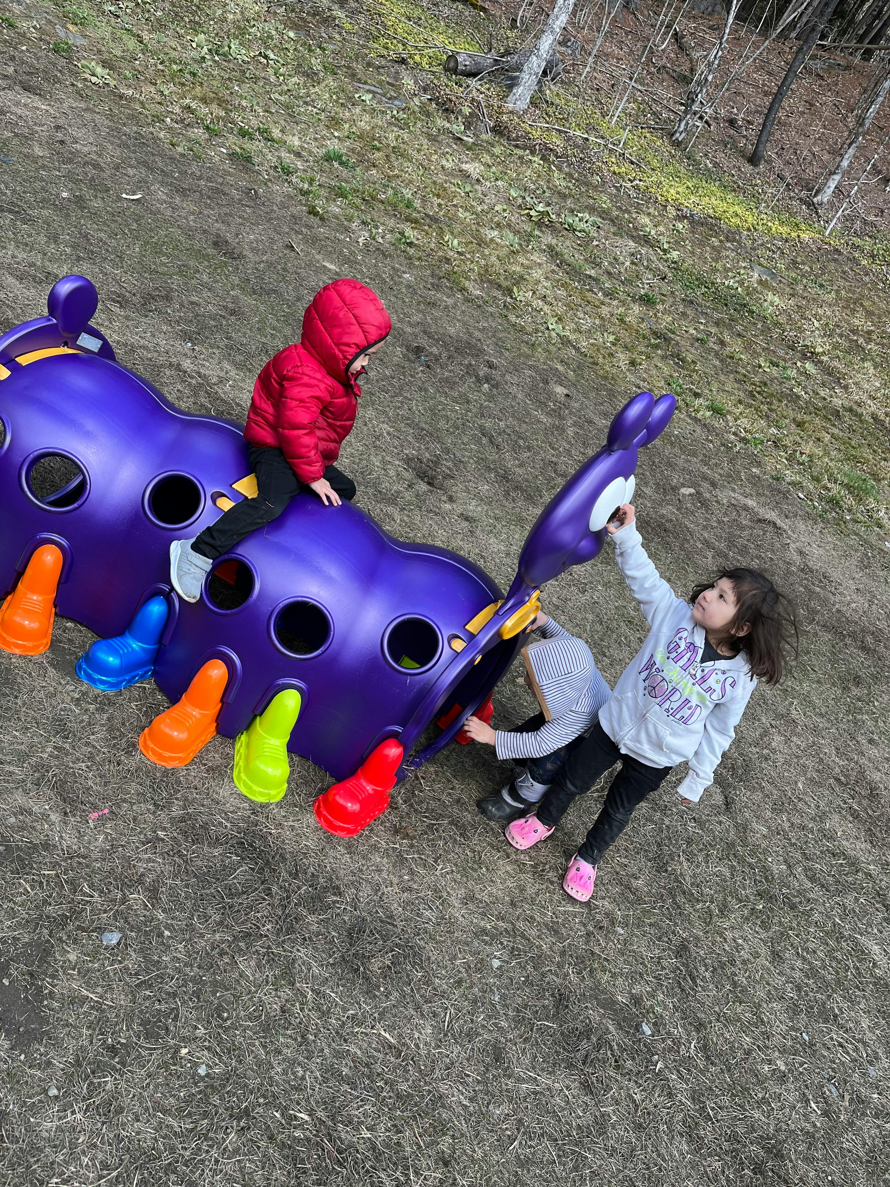 Three children playing on a purple caterpillar-shaped playground climber