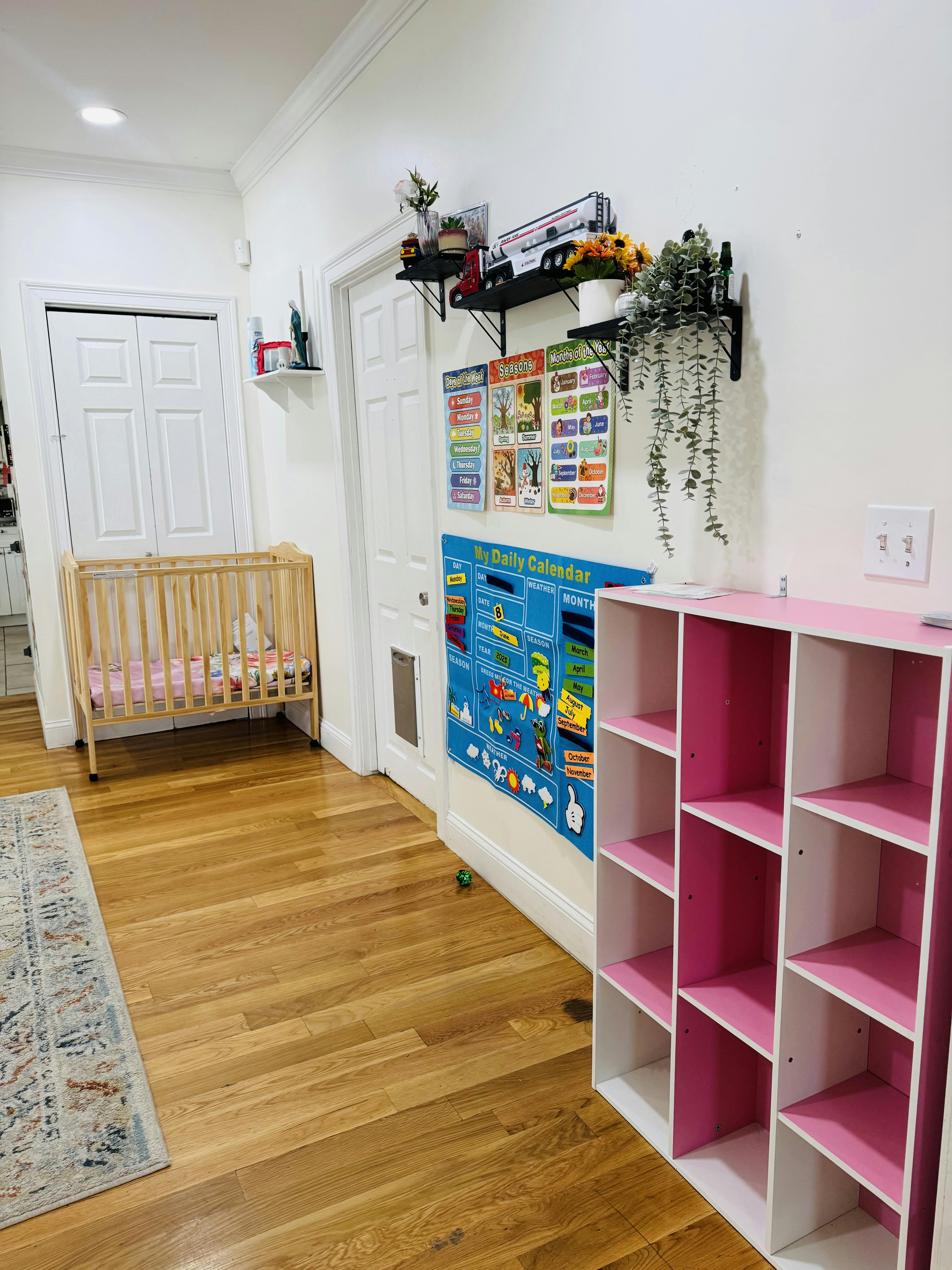 Nursery room with a crib, pink and white shelves, and educational posters