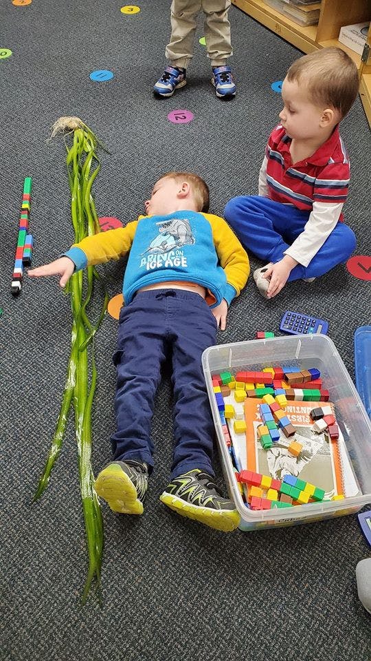 Child lying on floor next to long green plant, another child sitting nearby