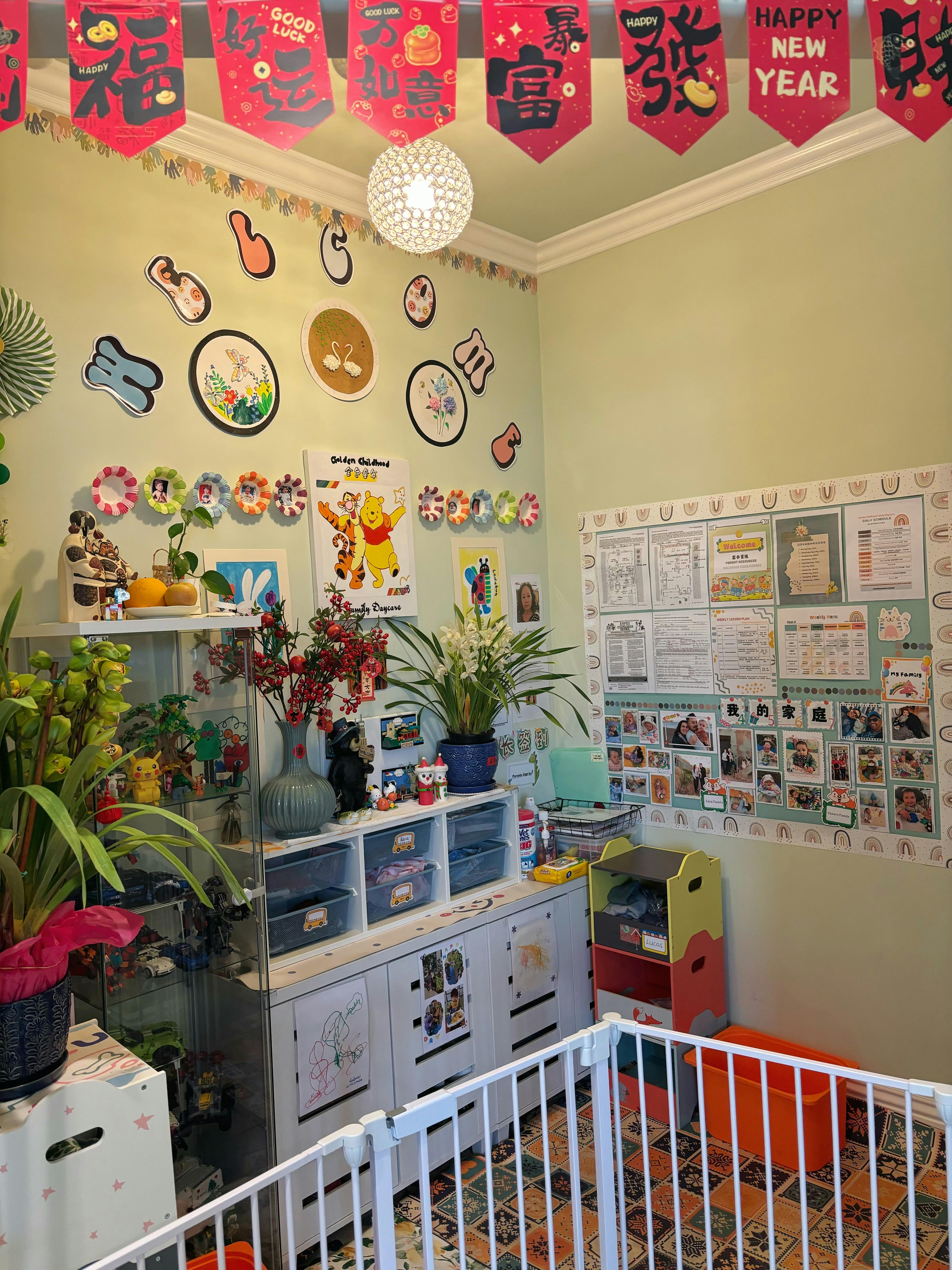 Room decorated with banners, wall art, plants, and a baby gate