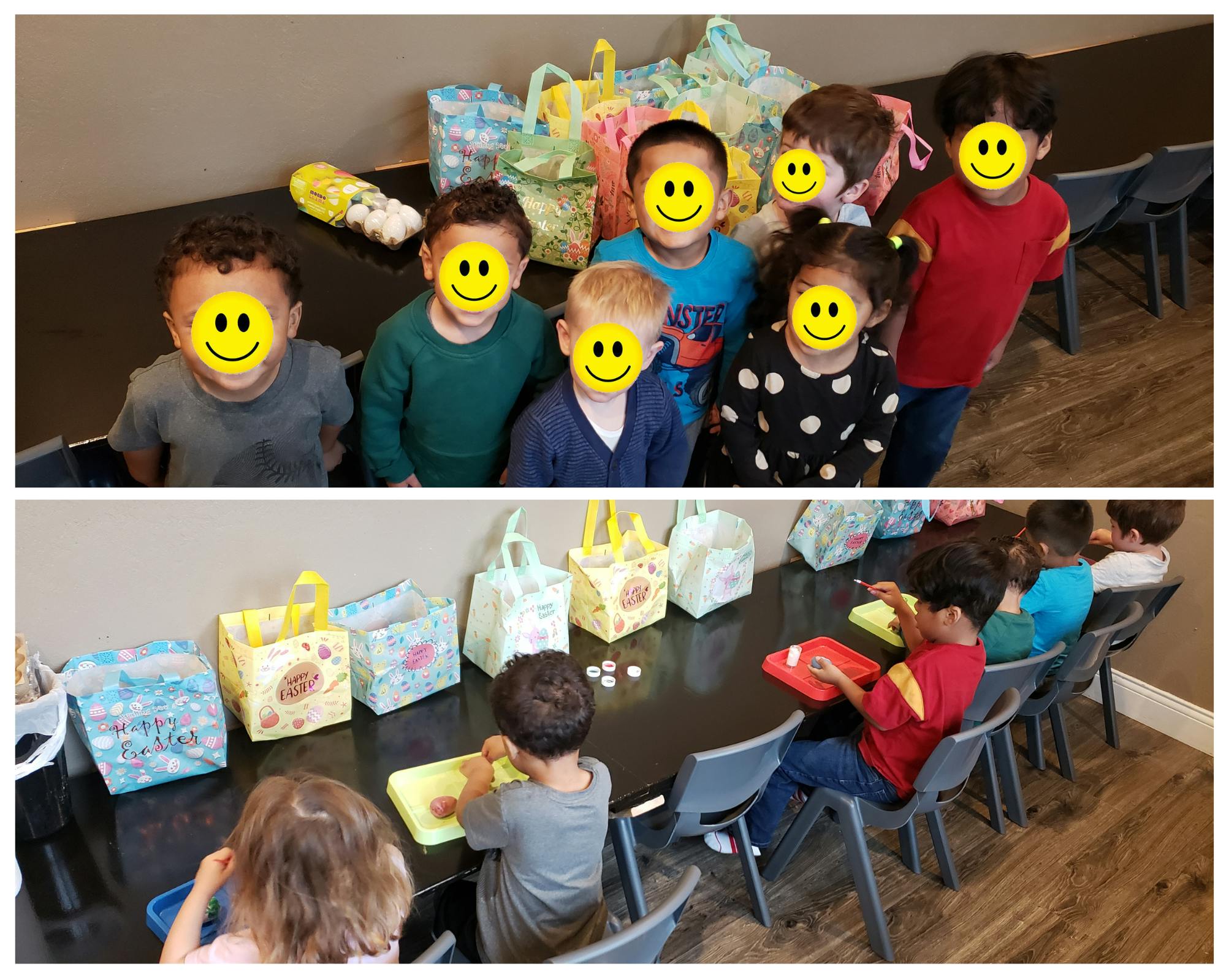 Children at a table with gift bags, some looking at the camera, others engaged in an activity