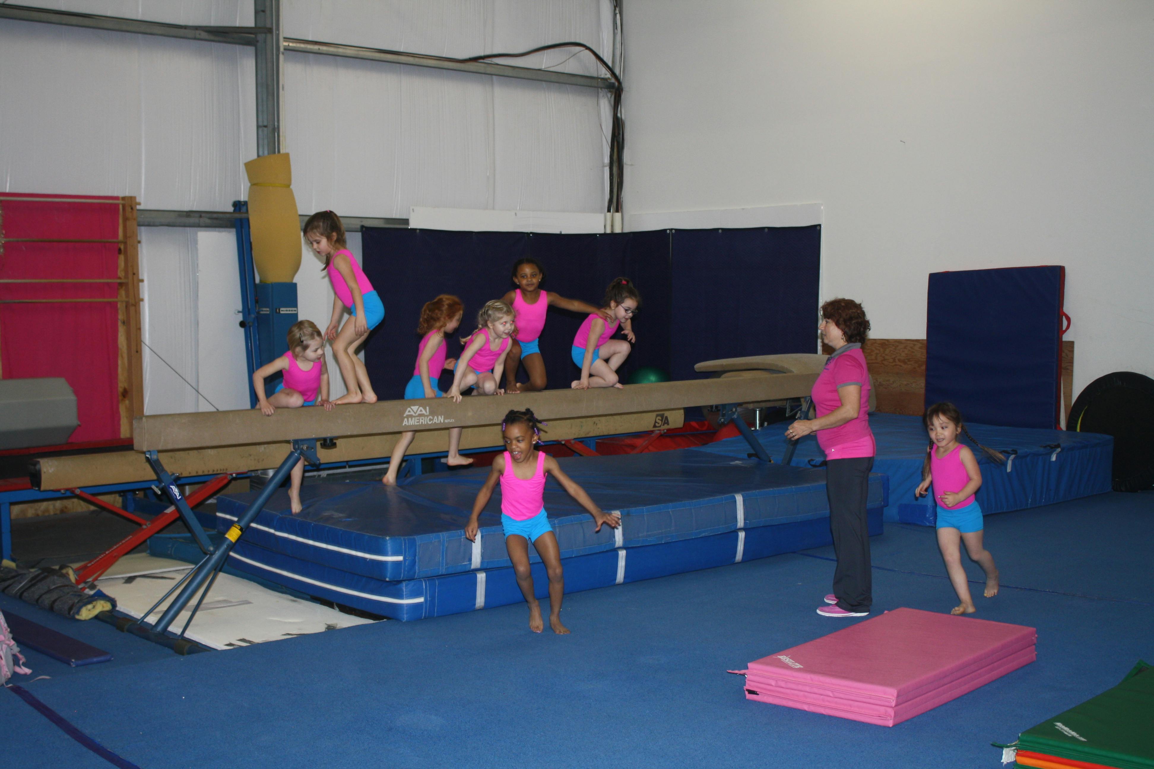 Children and an adult in a gymnastics class