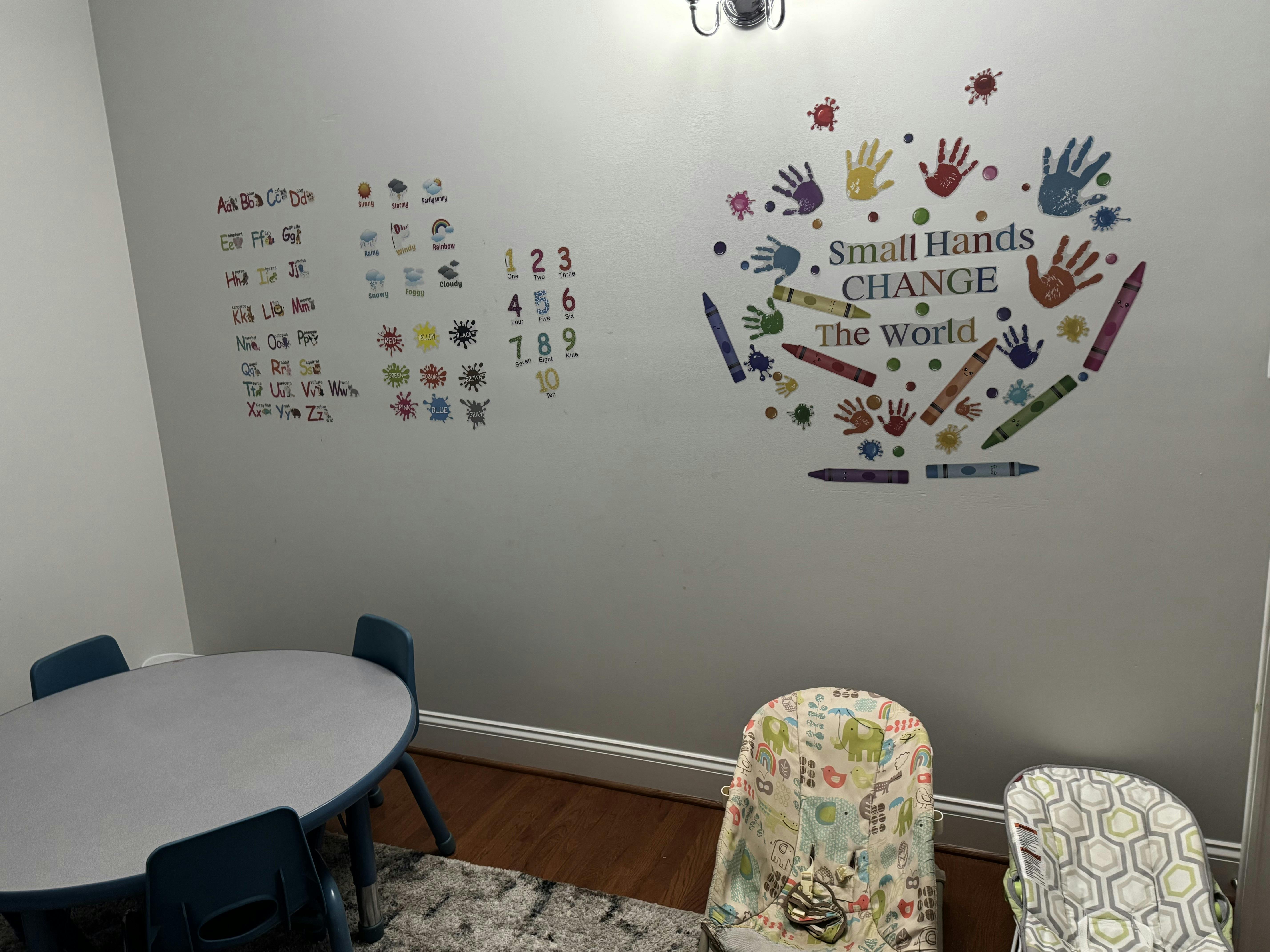 Wall with alphabet and number charts, and a colorful mural with text