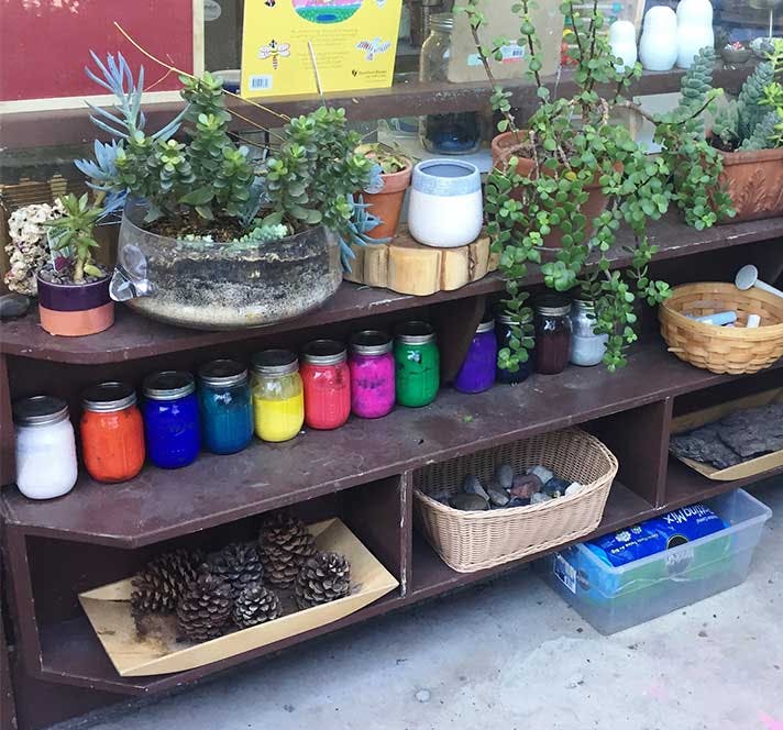 Shelves with plants, colorful jars, baskets, and pinecones