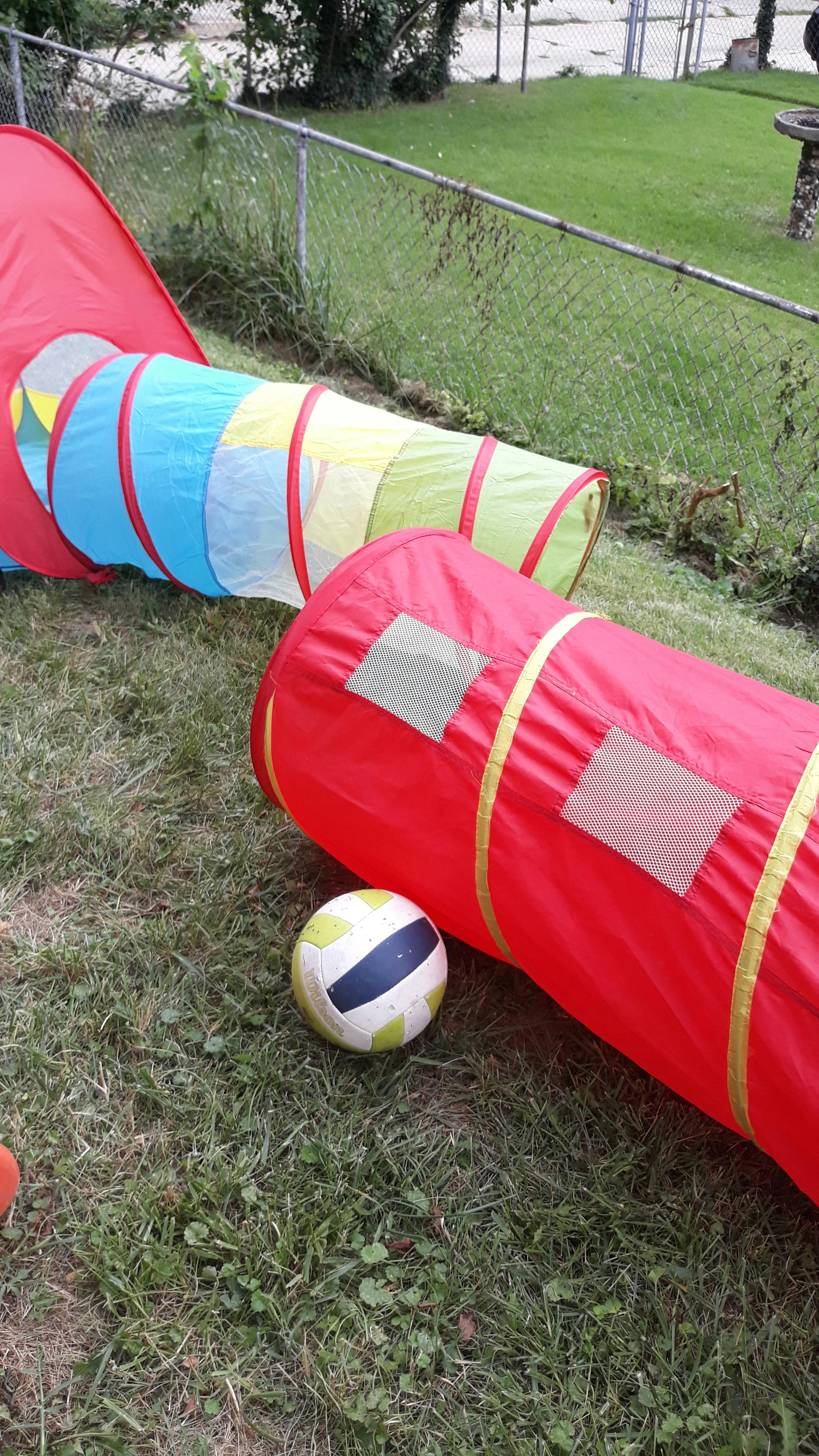 Play tunnels and a ball on grass
