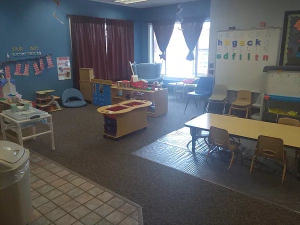 Classroom with tables, chairs, and learning materials