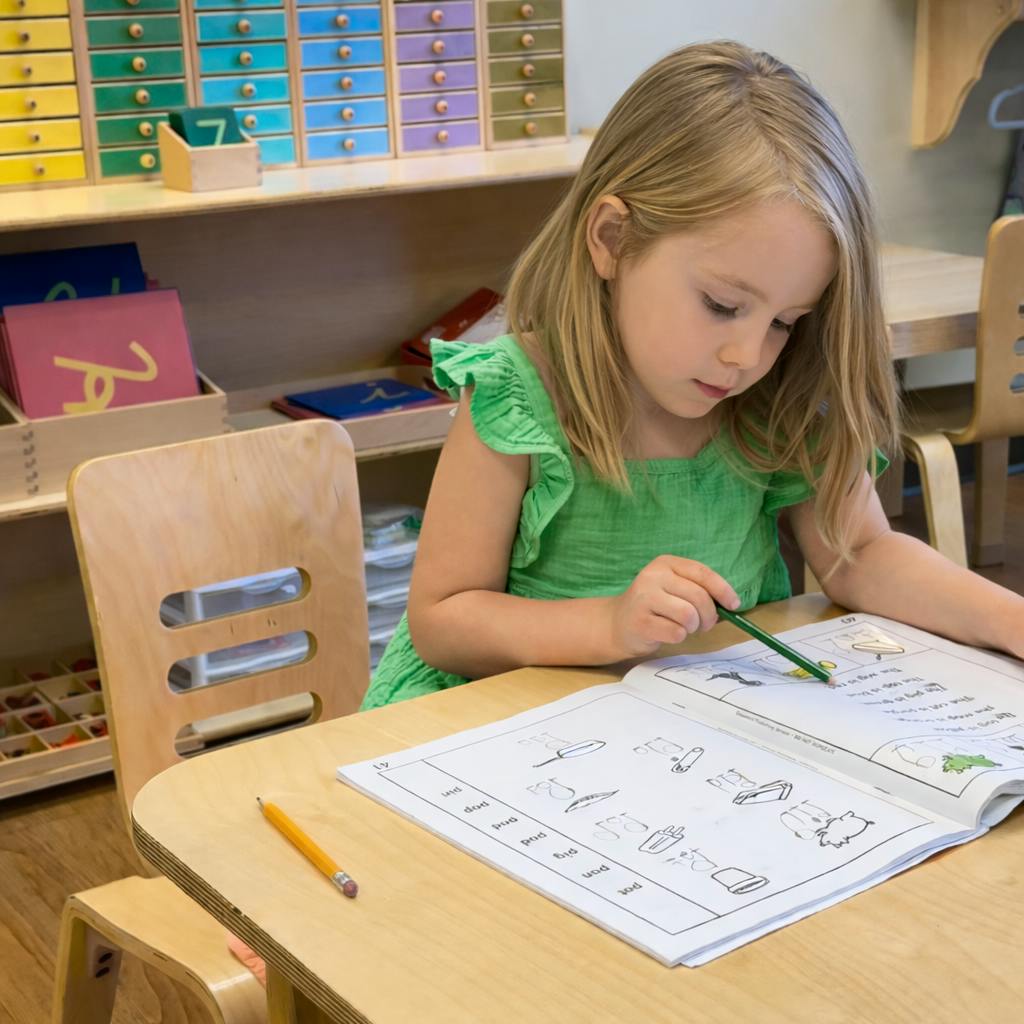 Child writing in a workbook at a desk in a classroom