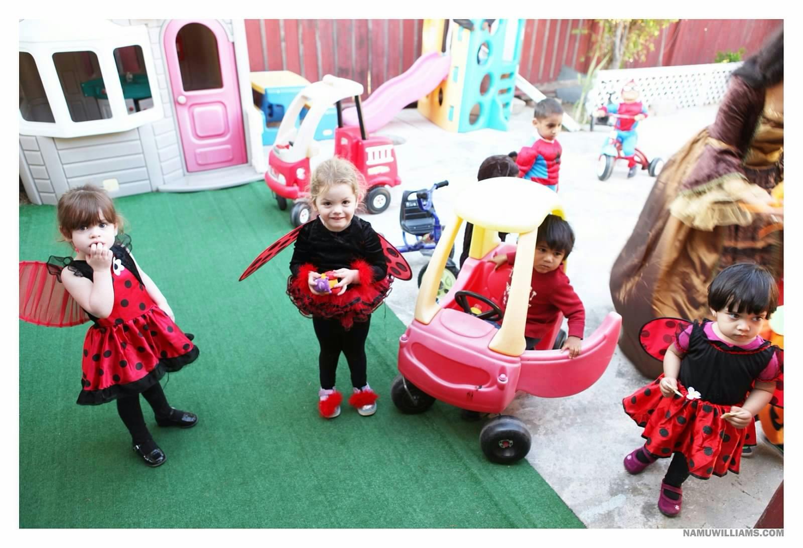 Children in ladybug costumes playing in a yard