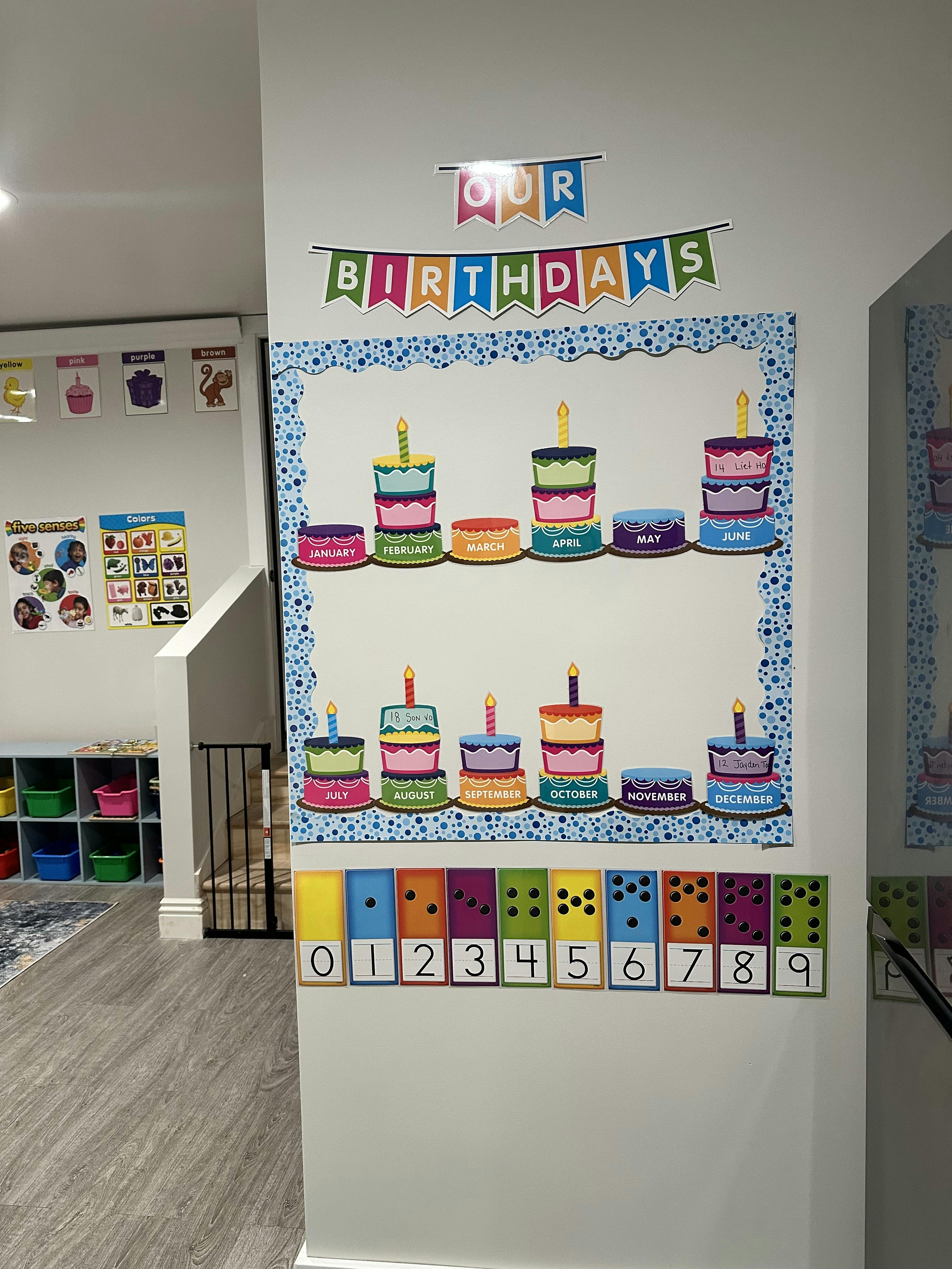 Birthday calendar with cakes for each month and colorful number cards below