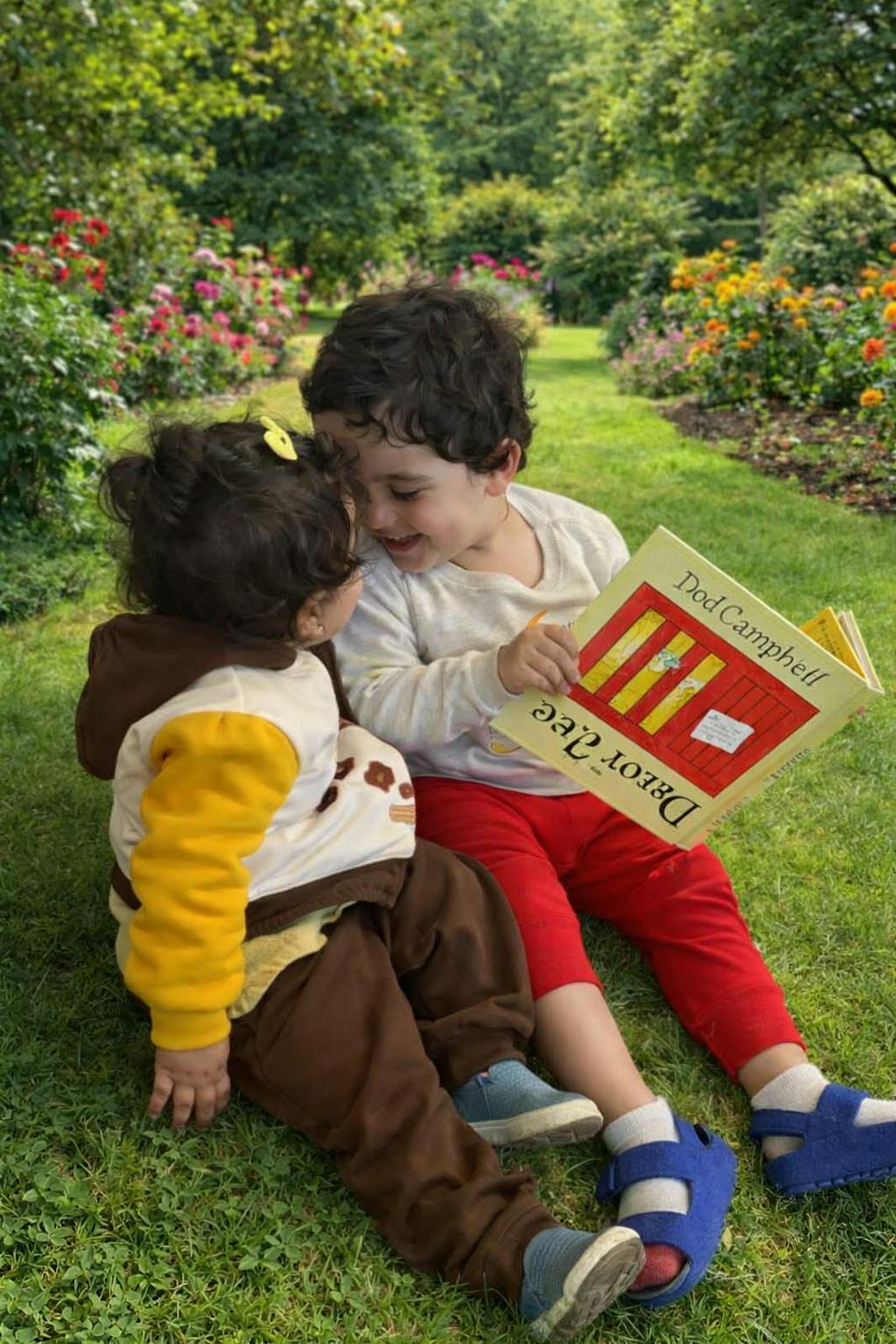 Two children sitting on grass, one holding an open book