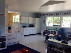 Empty classroom with white cabinets and tables