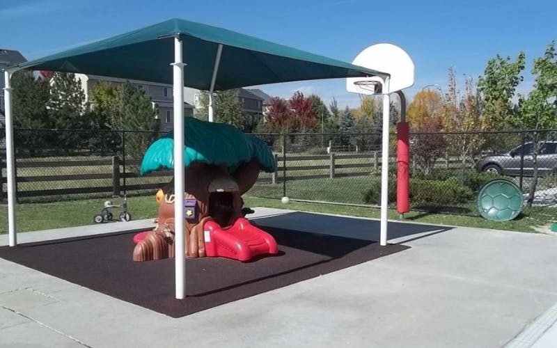 Playground with a tree-themed play structure, red slide, and basketball hoop