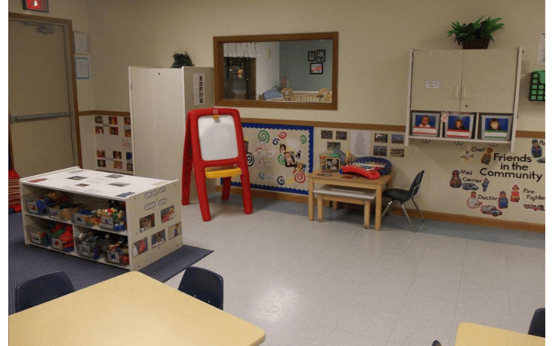 Classroom with child-sized furniture and an easel