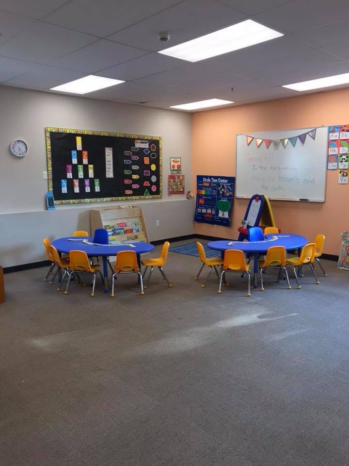 Classroom with two blue tables and yellow chairs