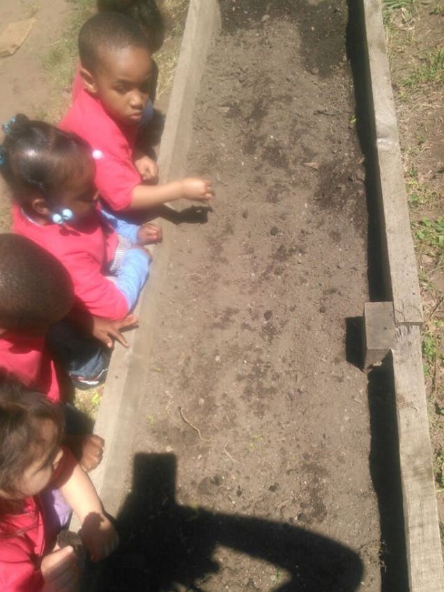 Children looking into a raised garden bed filled with soil