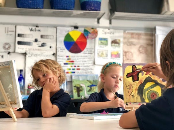 Children painting at easels in a classroom