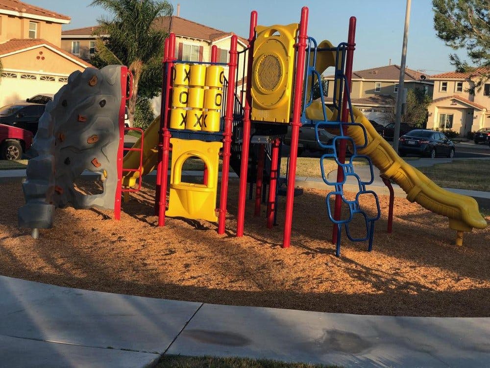 Playground with slides and climbing structures