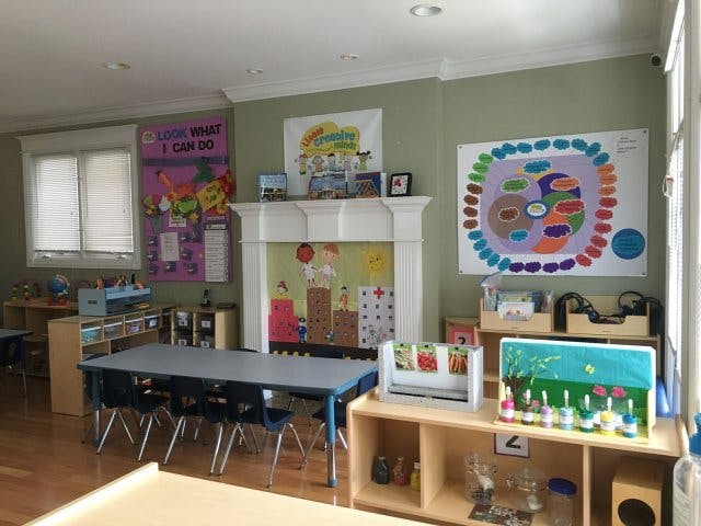 Classroom with tables, chairs, and colorful artwork on the walls