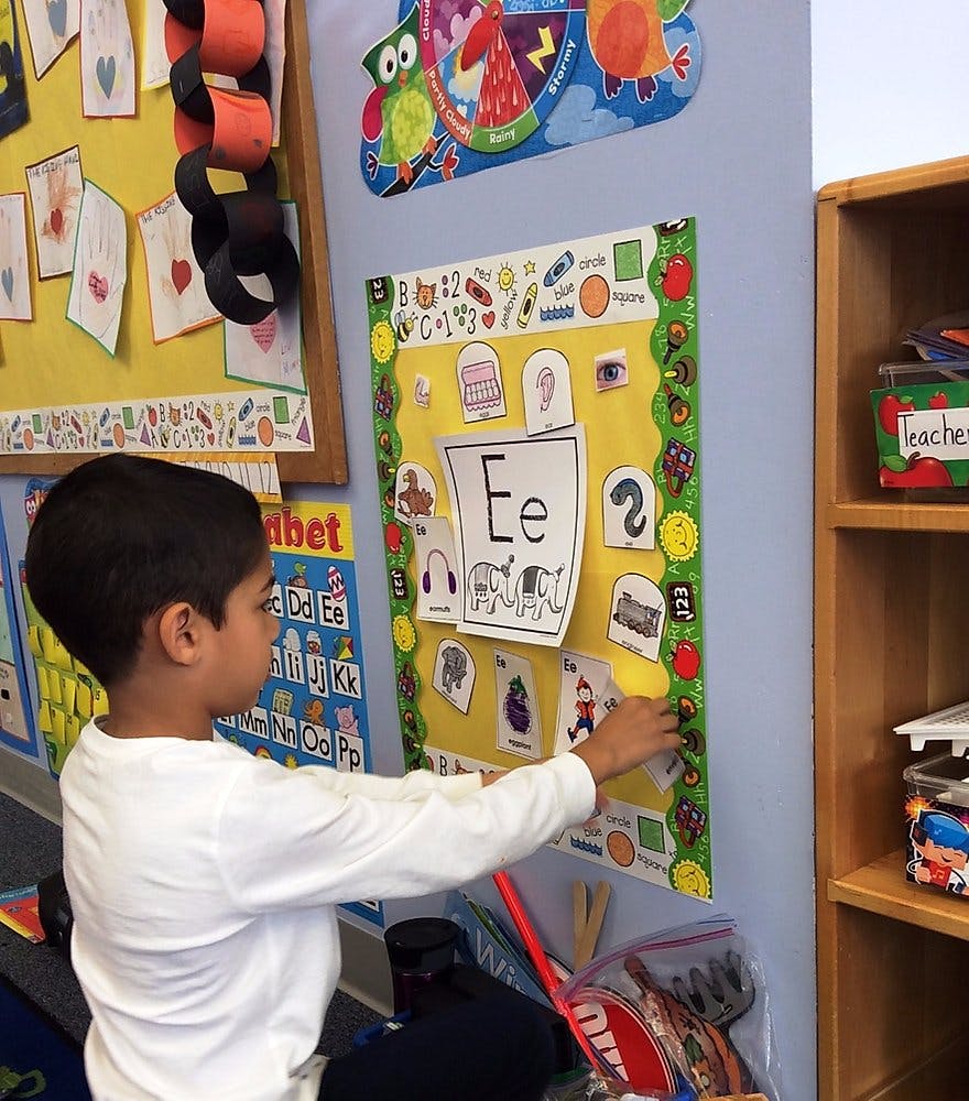 Child interacting with an alphabet chart in a classroom