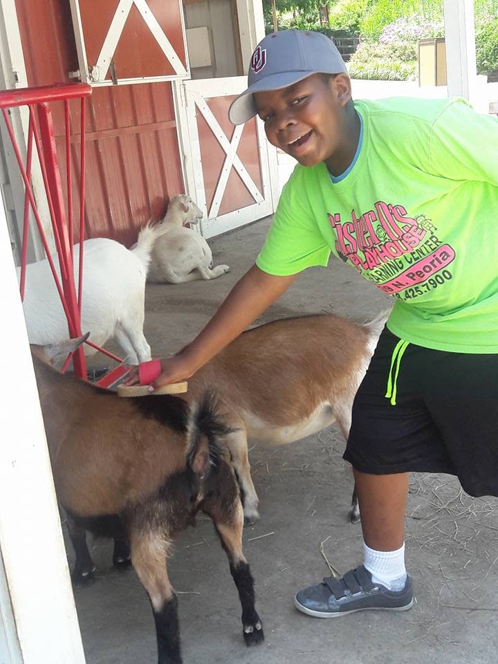 Teen petting a goat with a brush
