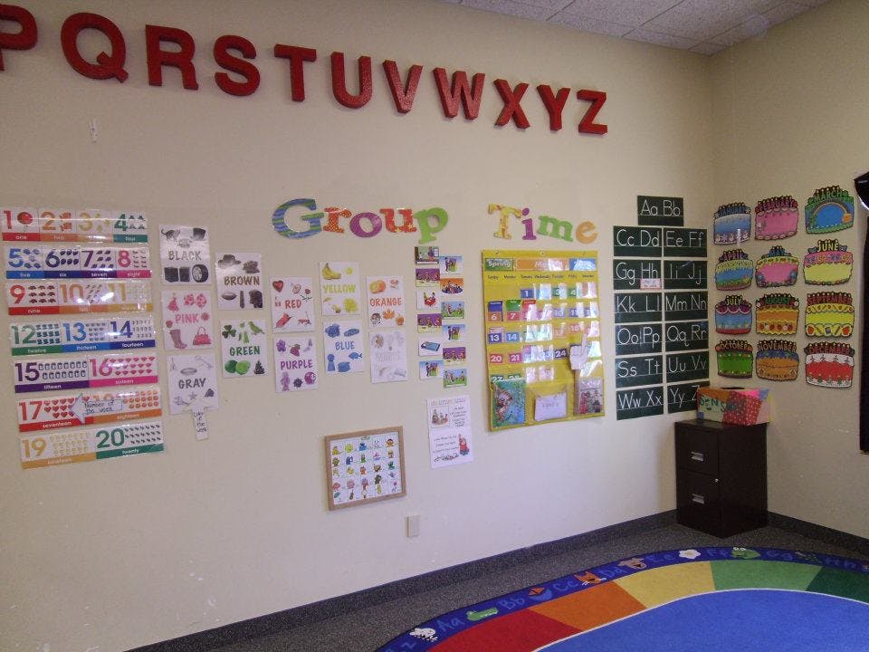 Classroom wall with alphabet letters, charts, and children's drawings