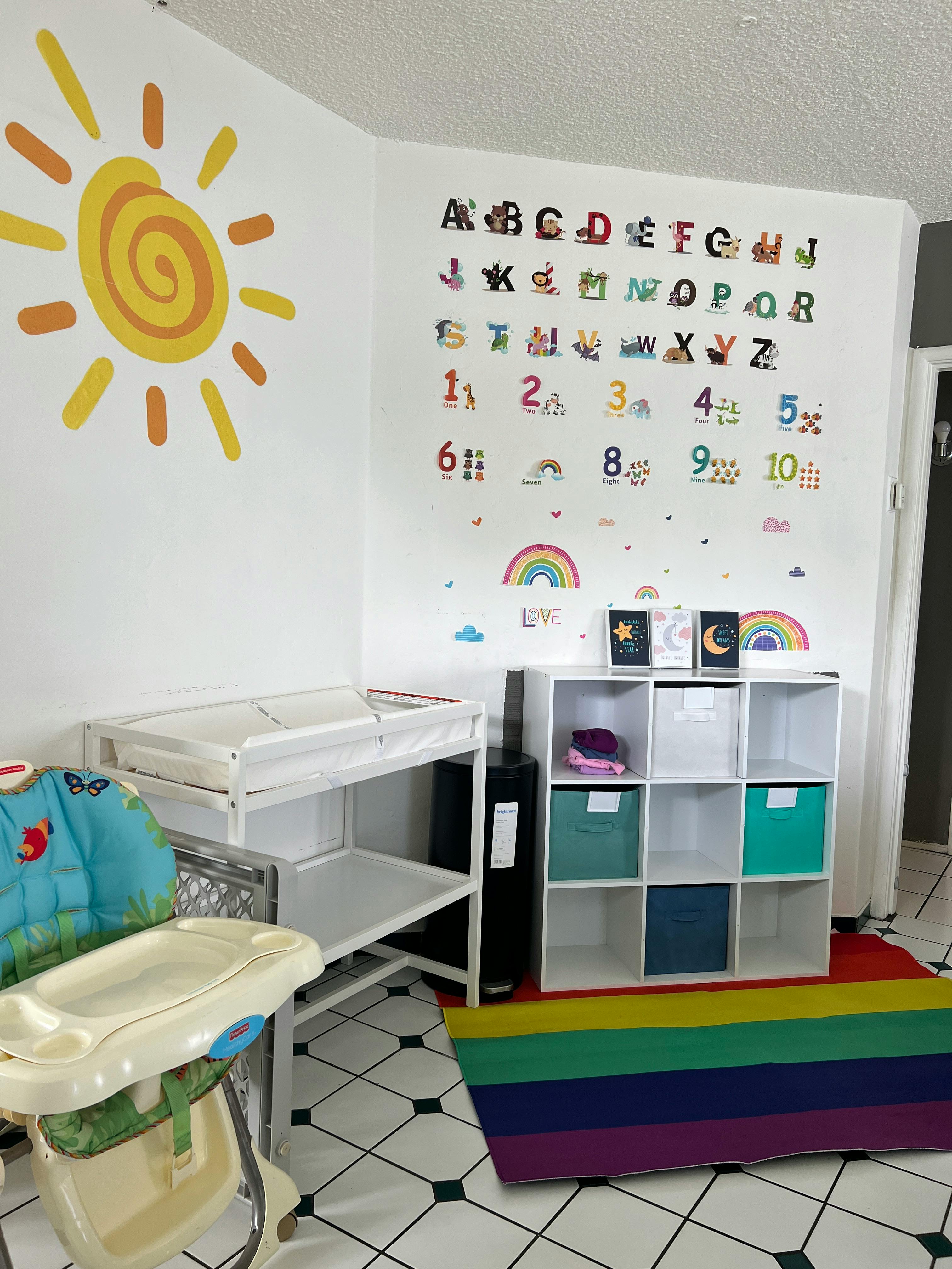 Nursery room with a changing table, high chair, and alphabet wall decals