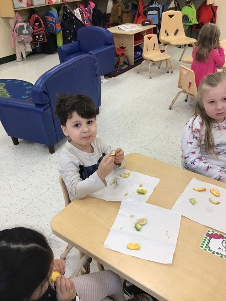 Children at a table peeling citrus fruit in a classroom