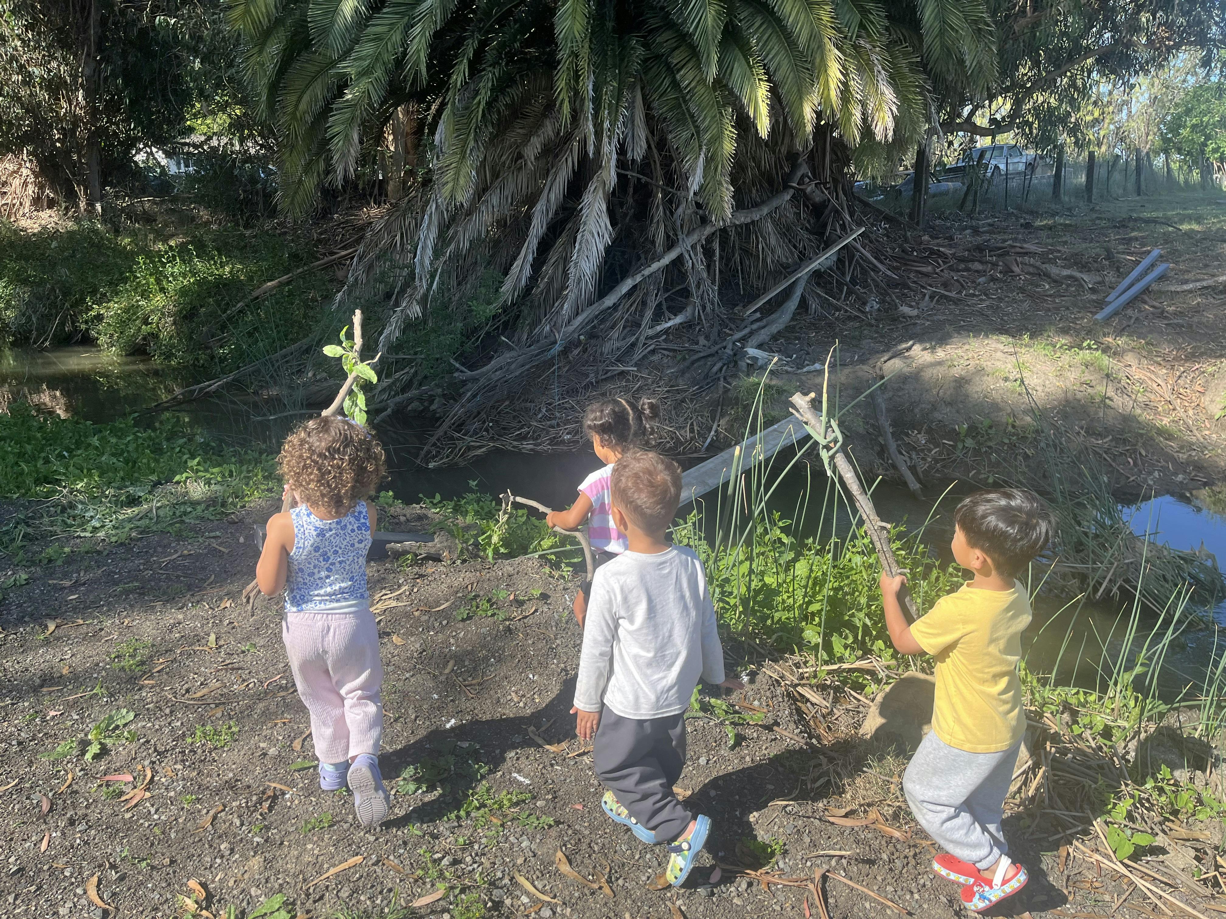 Four children walking along a creek bank holding sticks