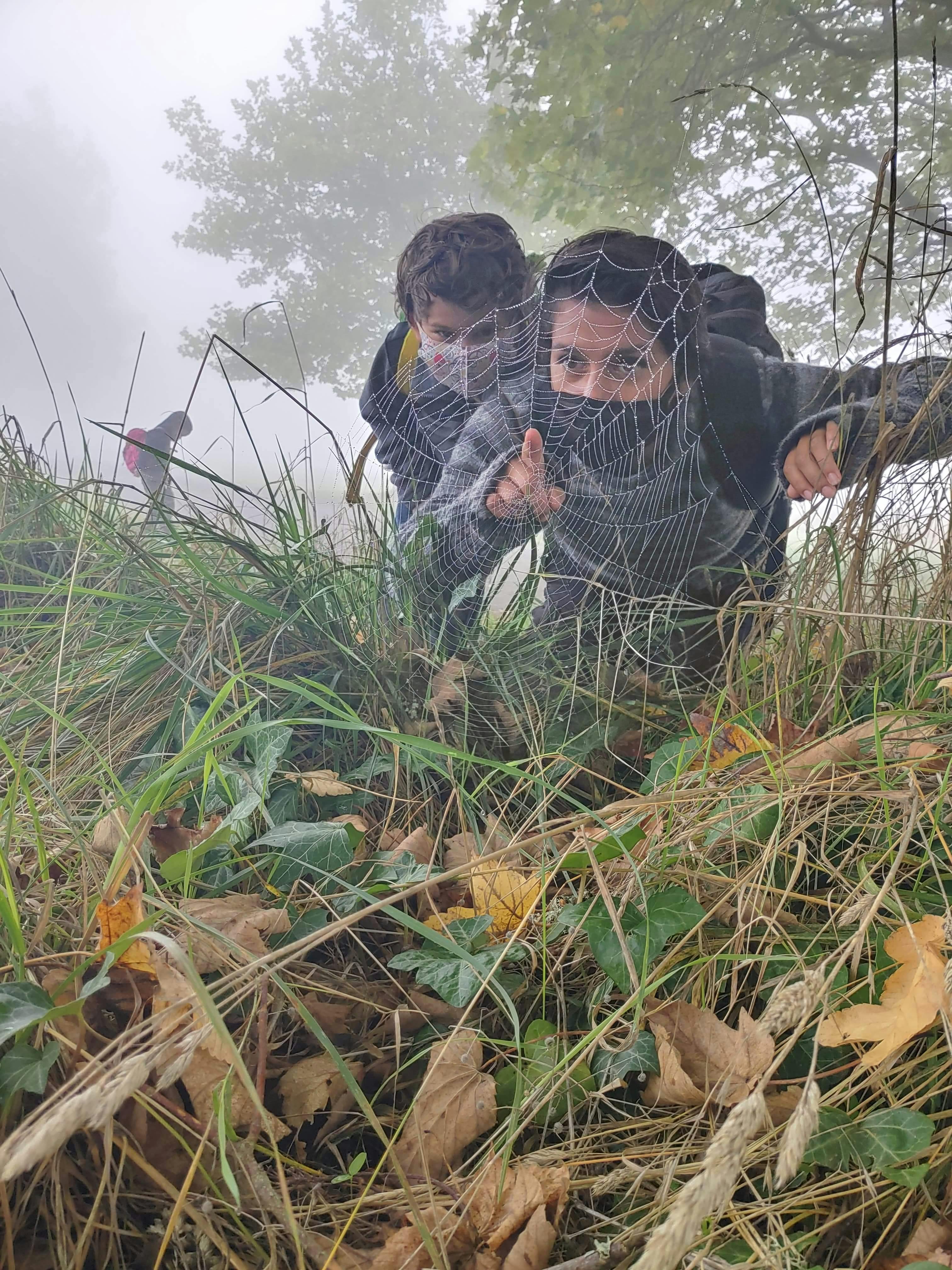 Two people with spiderwebs on their faces in tall grass