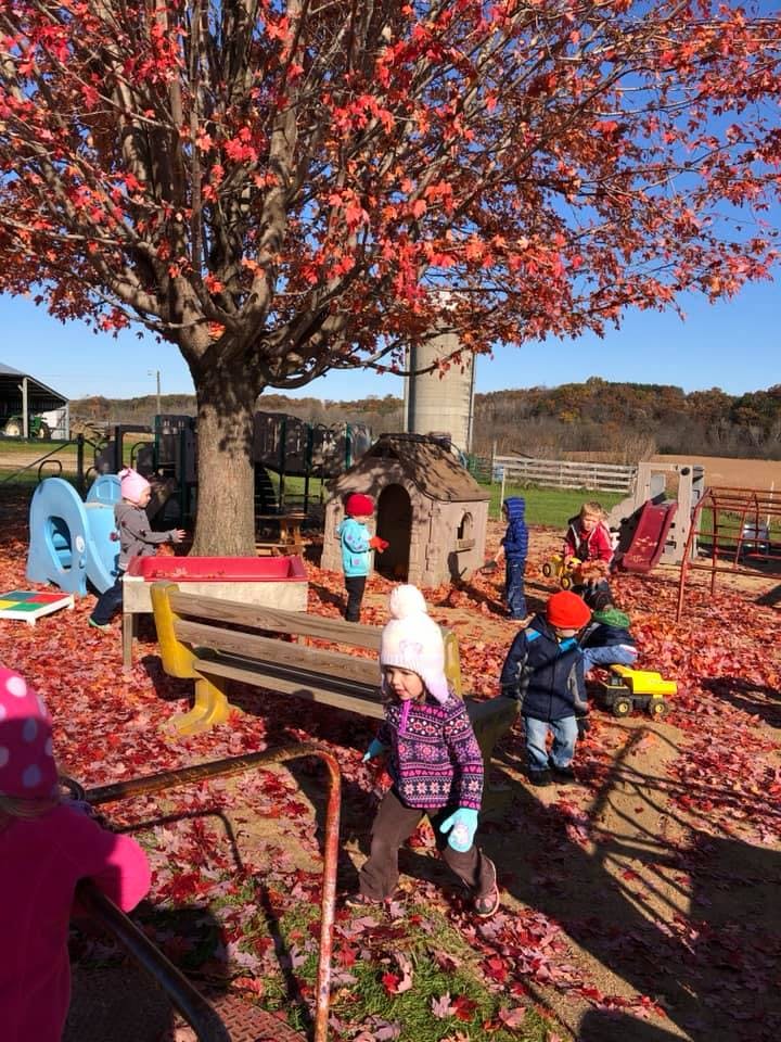 Children playing outdoors among fallen red leaves