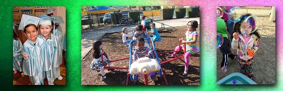 Two children in graduation gowns, children playing on a seesaw, child holding a toy