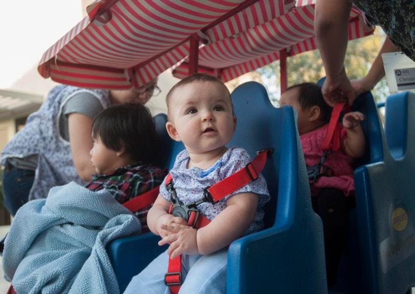 Two children in blue seats with red safety harnesses under a striped canopy