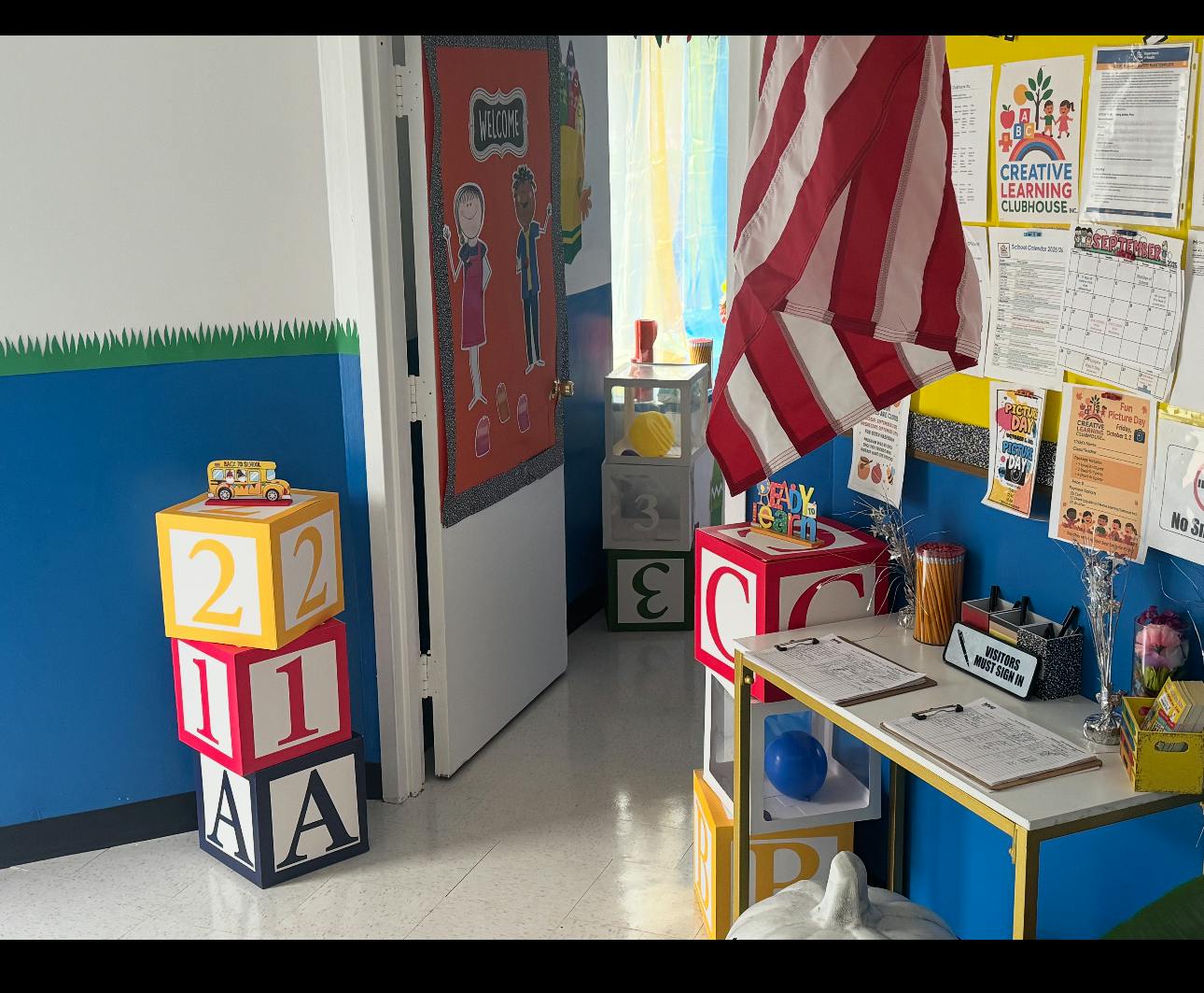 Classroom with large alphabet and number blocks