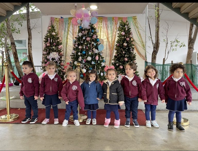 Group of children standing in front of decorated trees