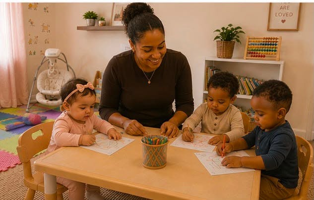 Adult and three children coloring at a small table in a playroom