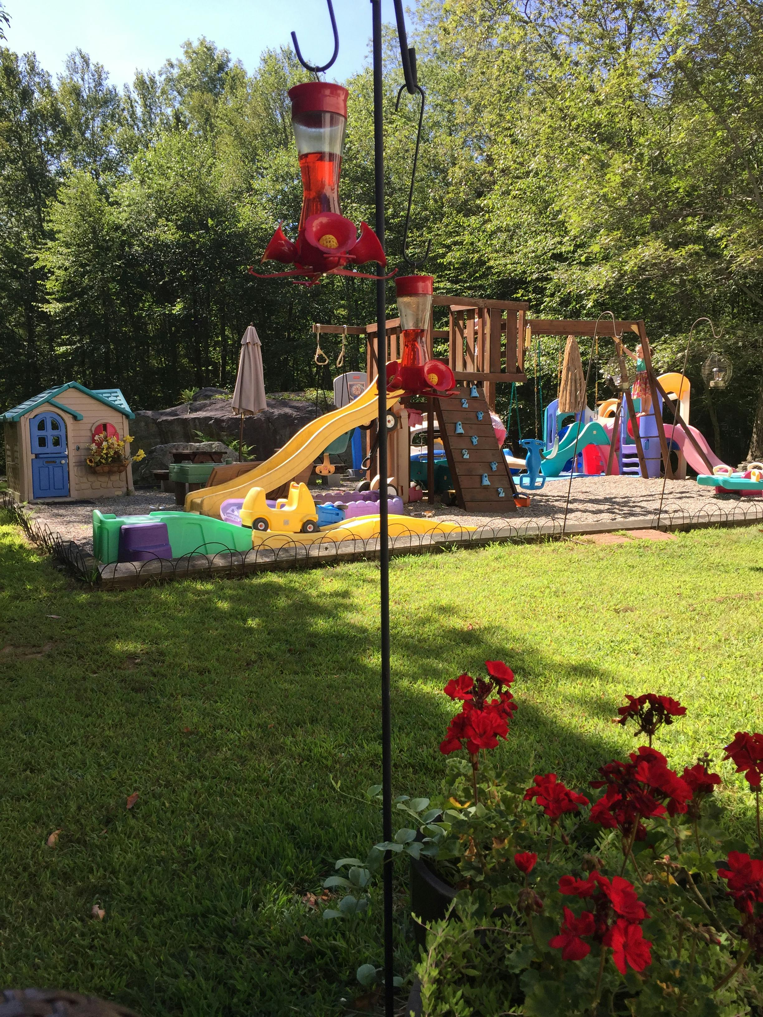 Backyard playground with slides, swings, and a playhouse