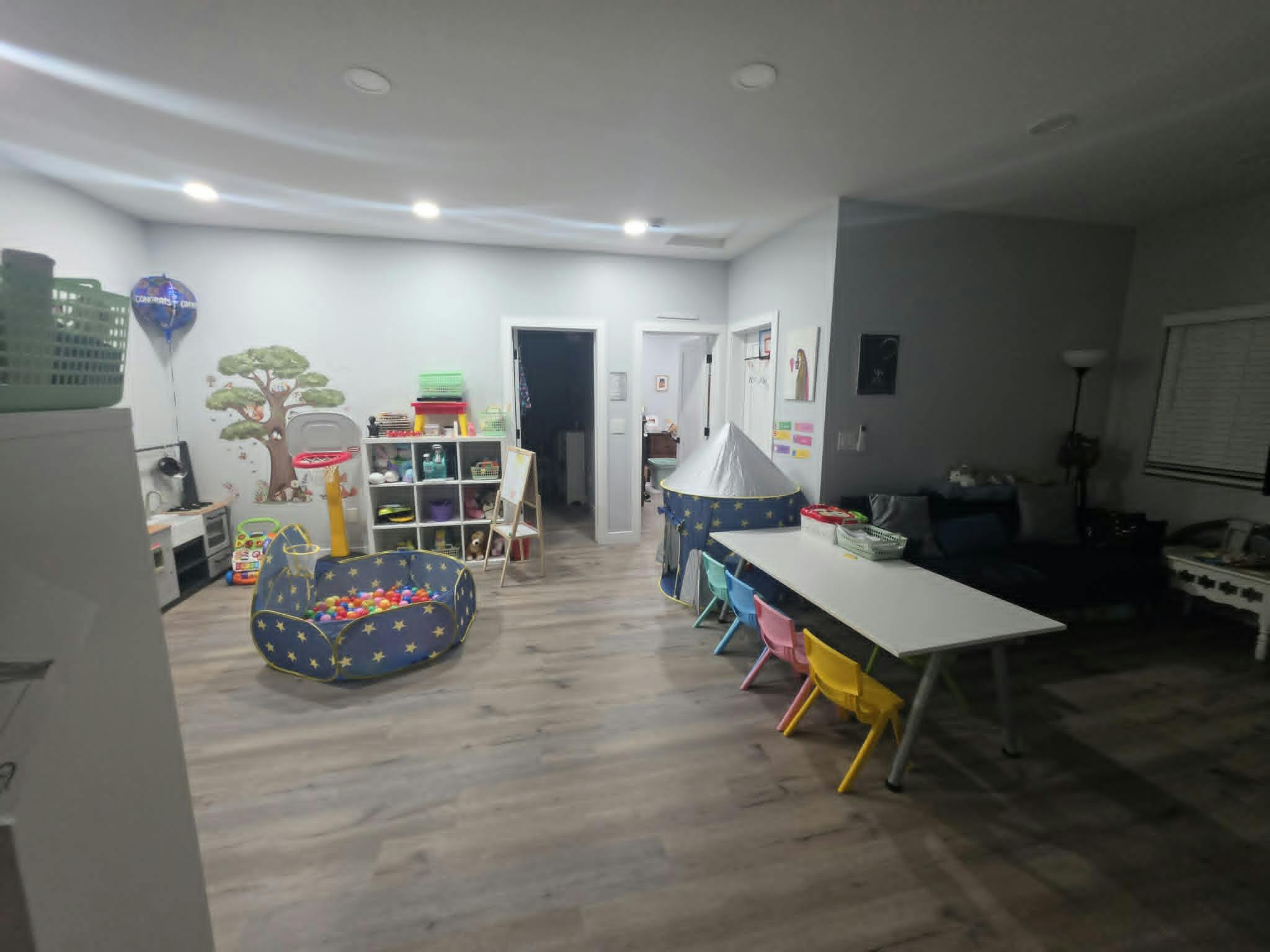 Playroom with a ball pit, toy shelf, and a long table with small chairs