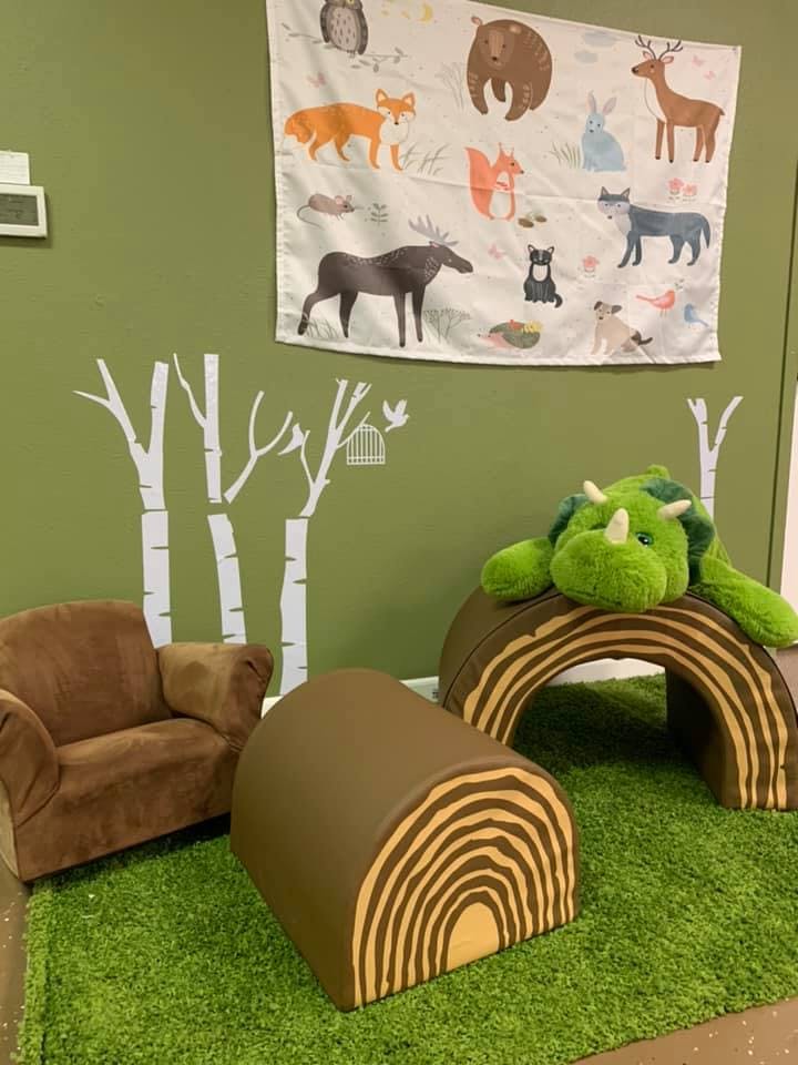 Playroom with animal-themed decor, soft seating, and a green rug
