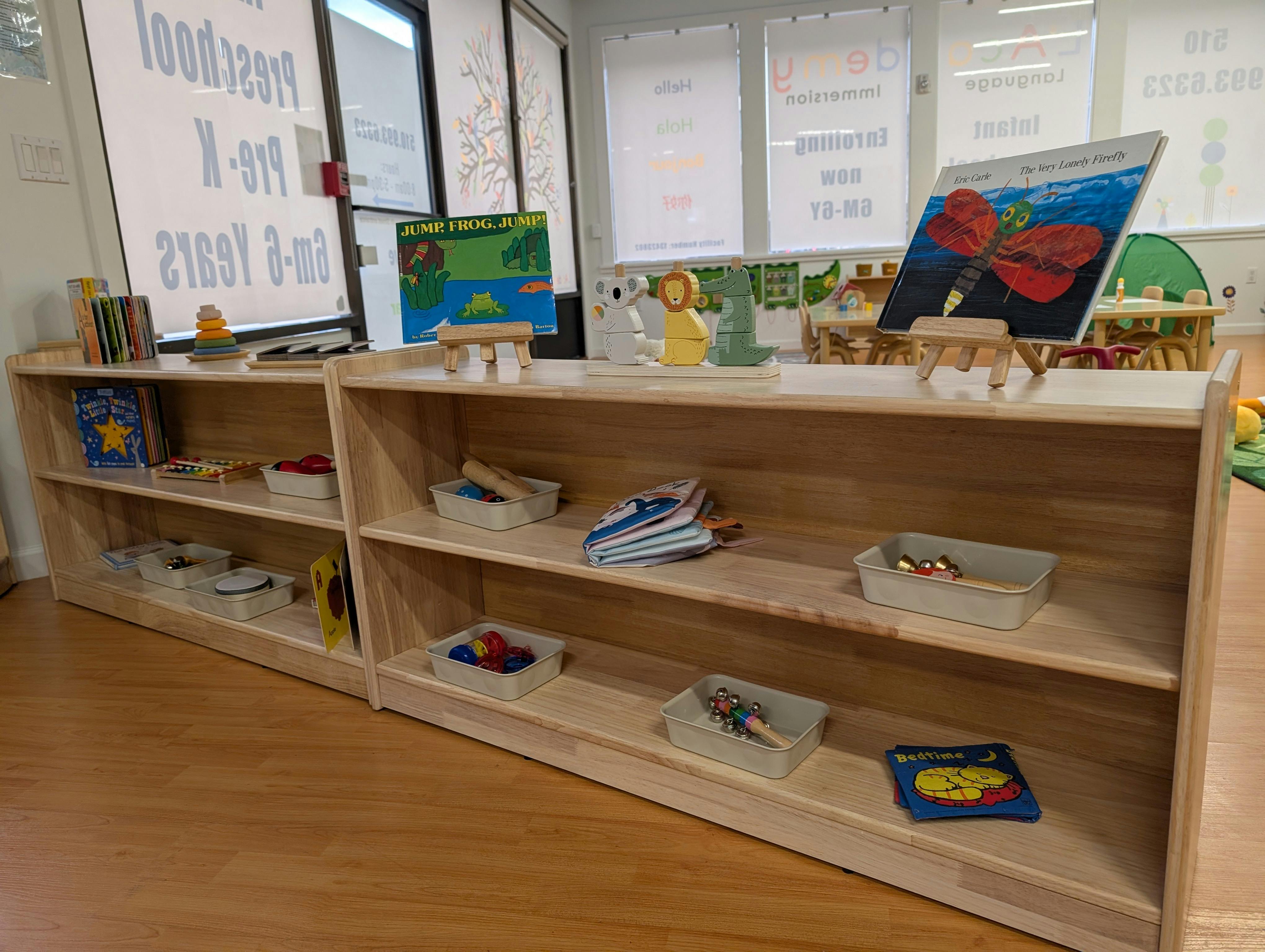 Classroom with bookshelves holding books and toys, windows in background