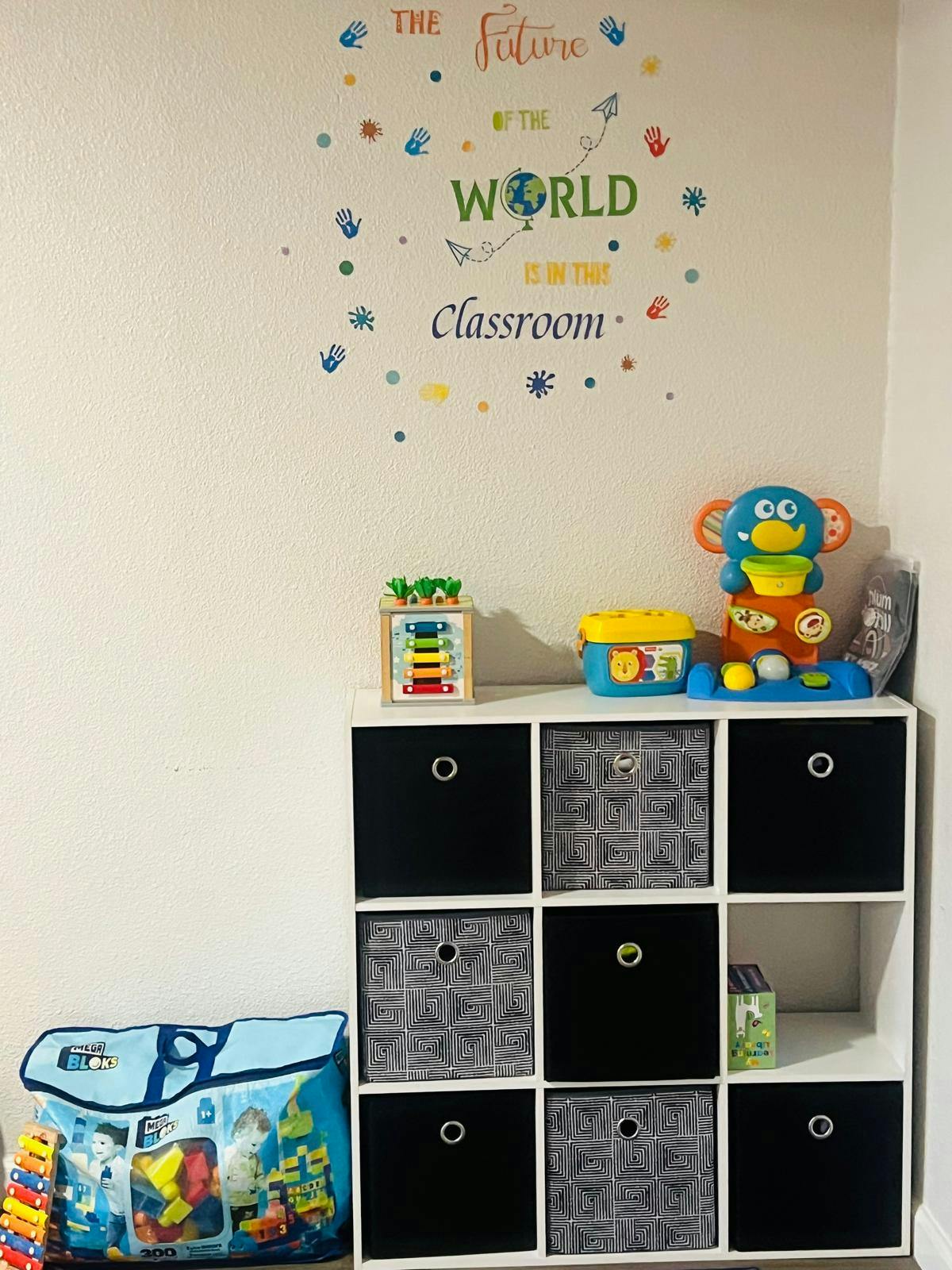 Wall decal with text "The future of the world is in the classroom" above a toy shelf