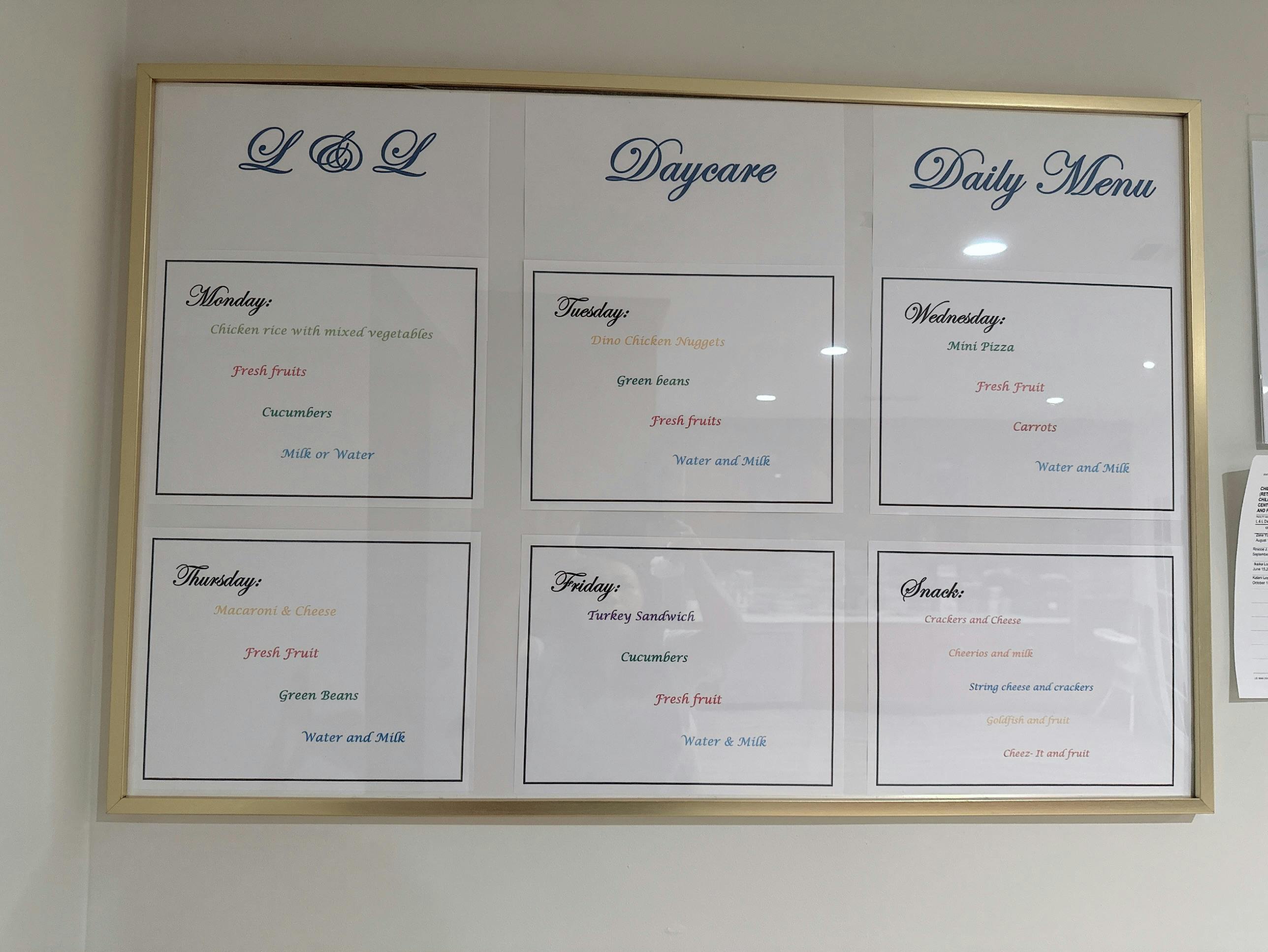Daily menu for a daycare showing meals for Monday through Friday and snacks