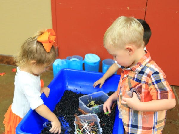 Two children playing with a sensory bin filled with black material and blue items