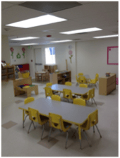 Classroom with small tables and chairs