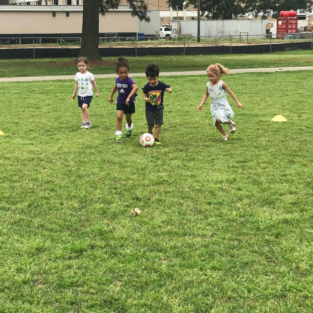 Four children playing soccer on a grassy field