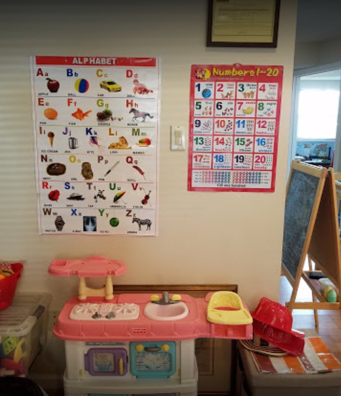Alphabet and numbers charts on a wall above a toy kitchen set