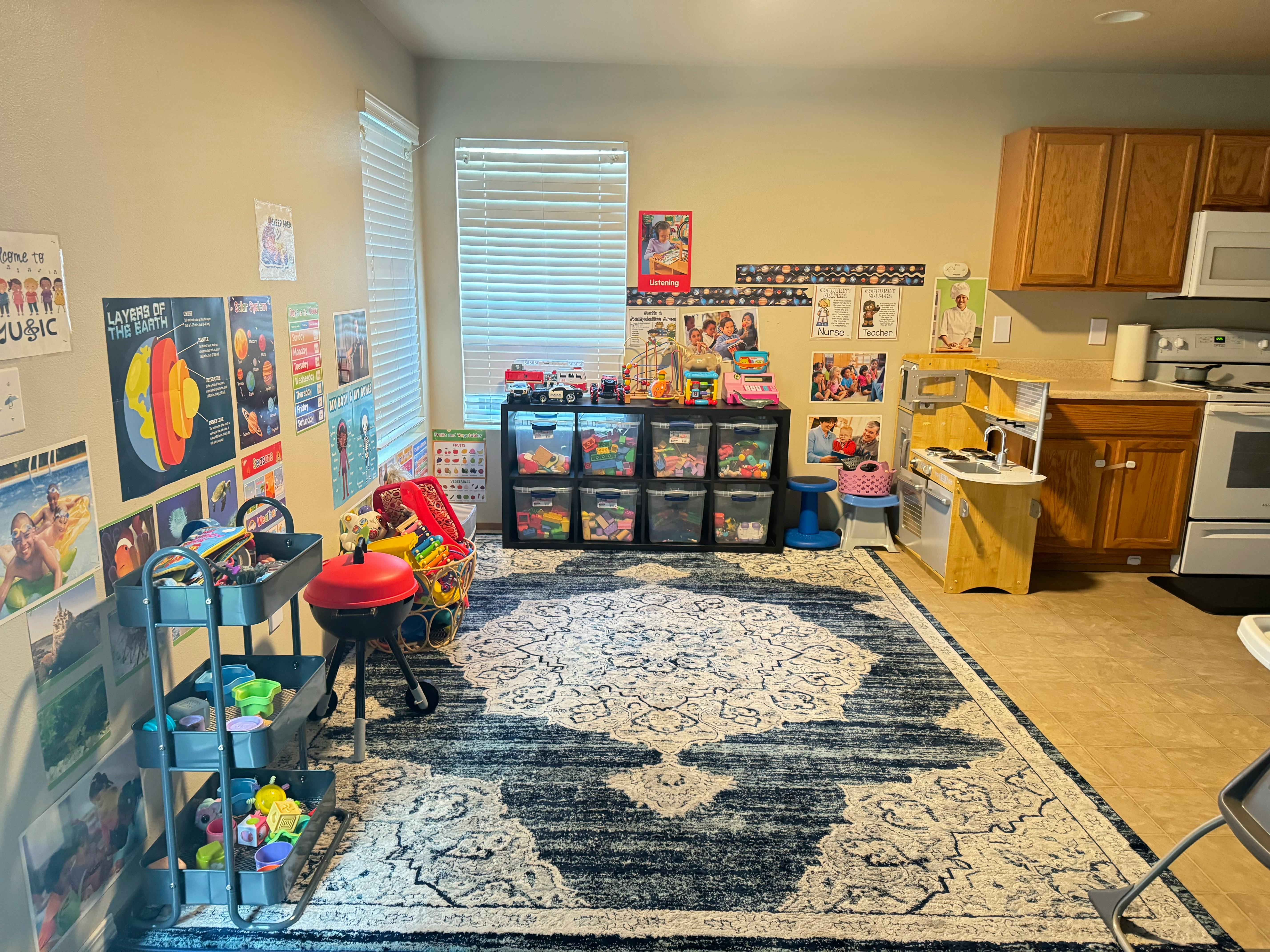Playroom with a rug, toy storage, and educational posters on the wall