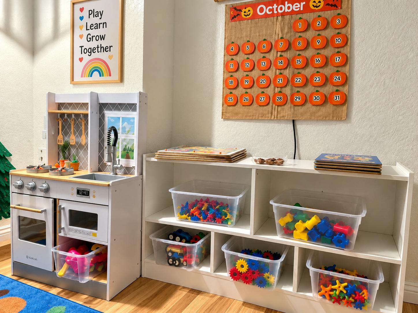 Playroom with a toy kitchen and storage shelves filled with colorful toys